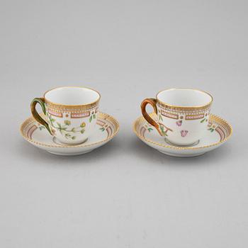 A pair of Royal Copenhagen 'Flora Danica' coffee cups with saucers, Denmark.