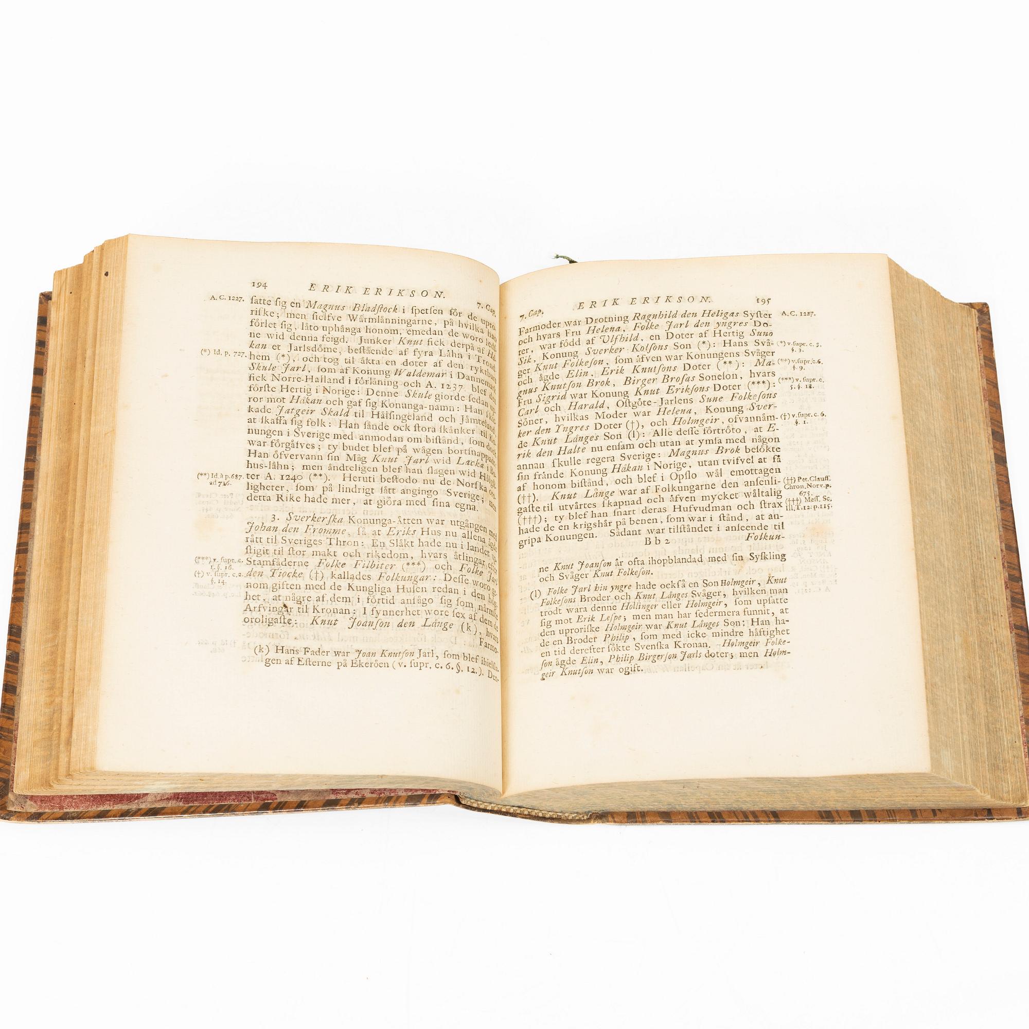 Books, four volumes,'Svea Rikes Historia', Olof Dalin, Lars Salvius, Stockholm, 1747-62.