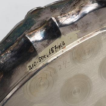 Cream jug, sugar bowl, and tray, silver, Rococo style, 20th century.