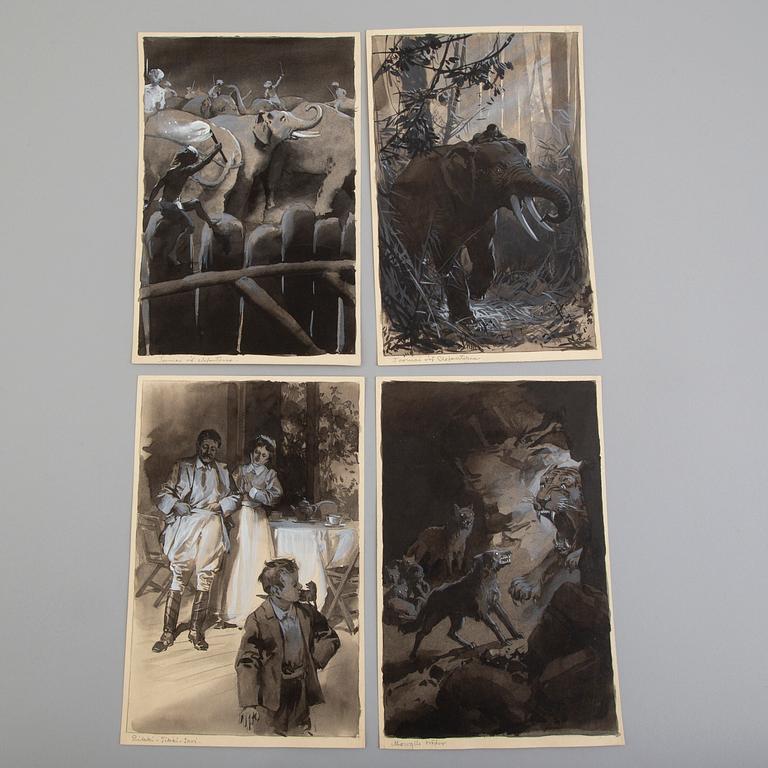 DAVID LJUNGDAHL, eight original ink illustrations from the 1915 edition of 'The Jungle Book' in Swedish.