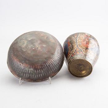 A Persian 19th century metal bowl and vase.