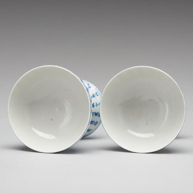 Two blue and white stem cups, Qing dynasty, 19th Century.