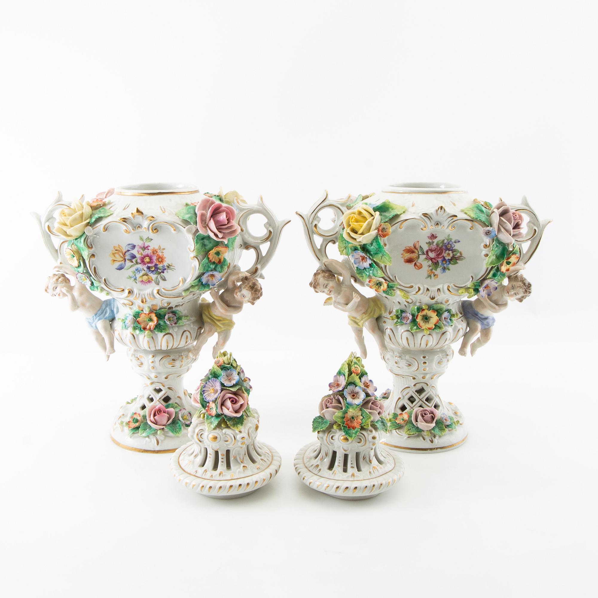 Potpourri urns 2 pcs Louis XV style Sitzendorf Germany first half of the 20th century porcelain.
