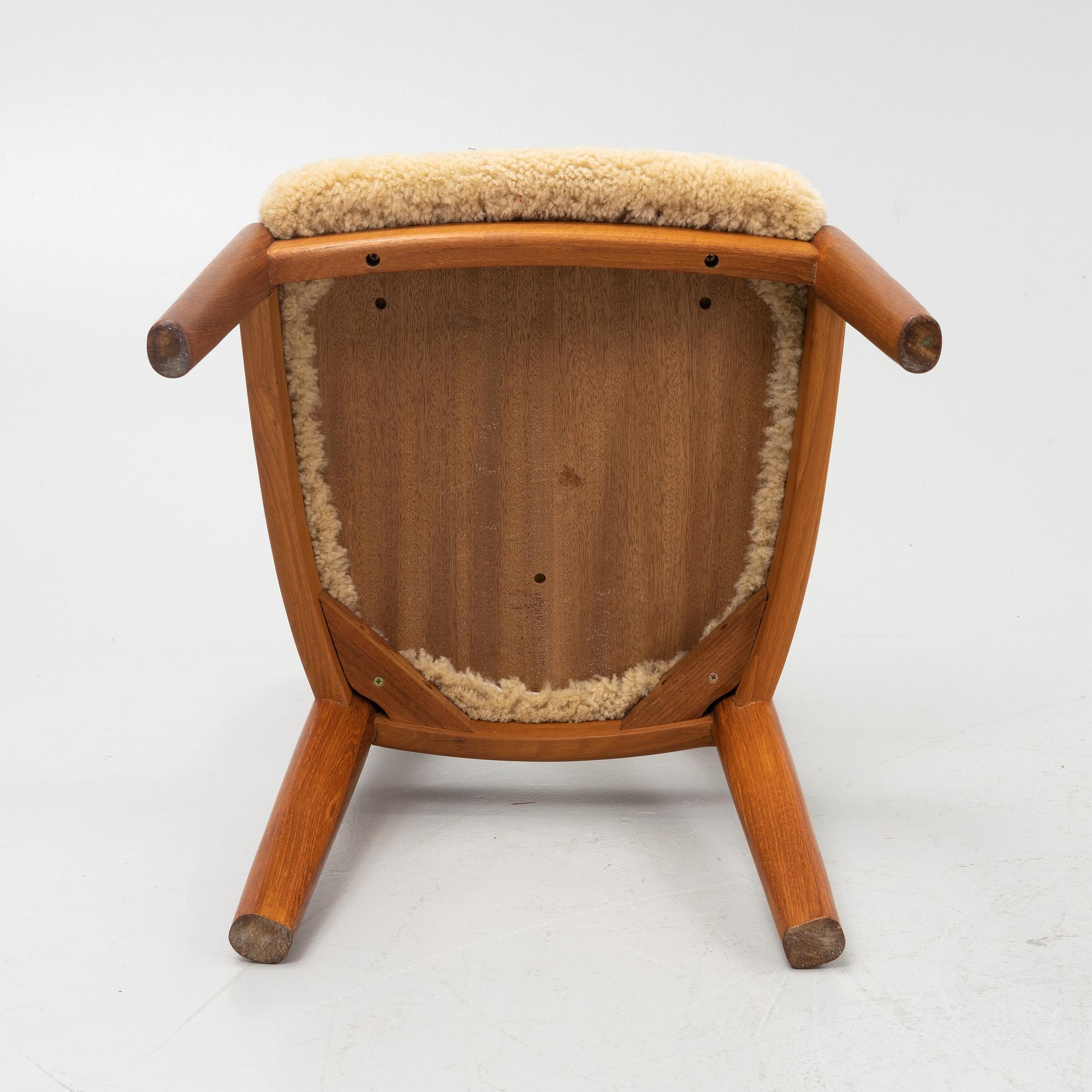 Niels Koefoed, six teak dining chairs upholstered in new sheepskin, Denmark, 1960's.