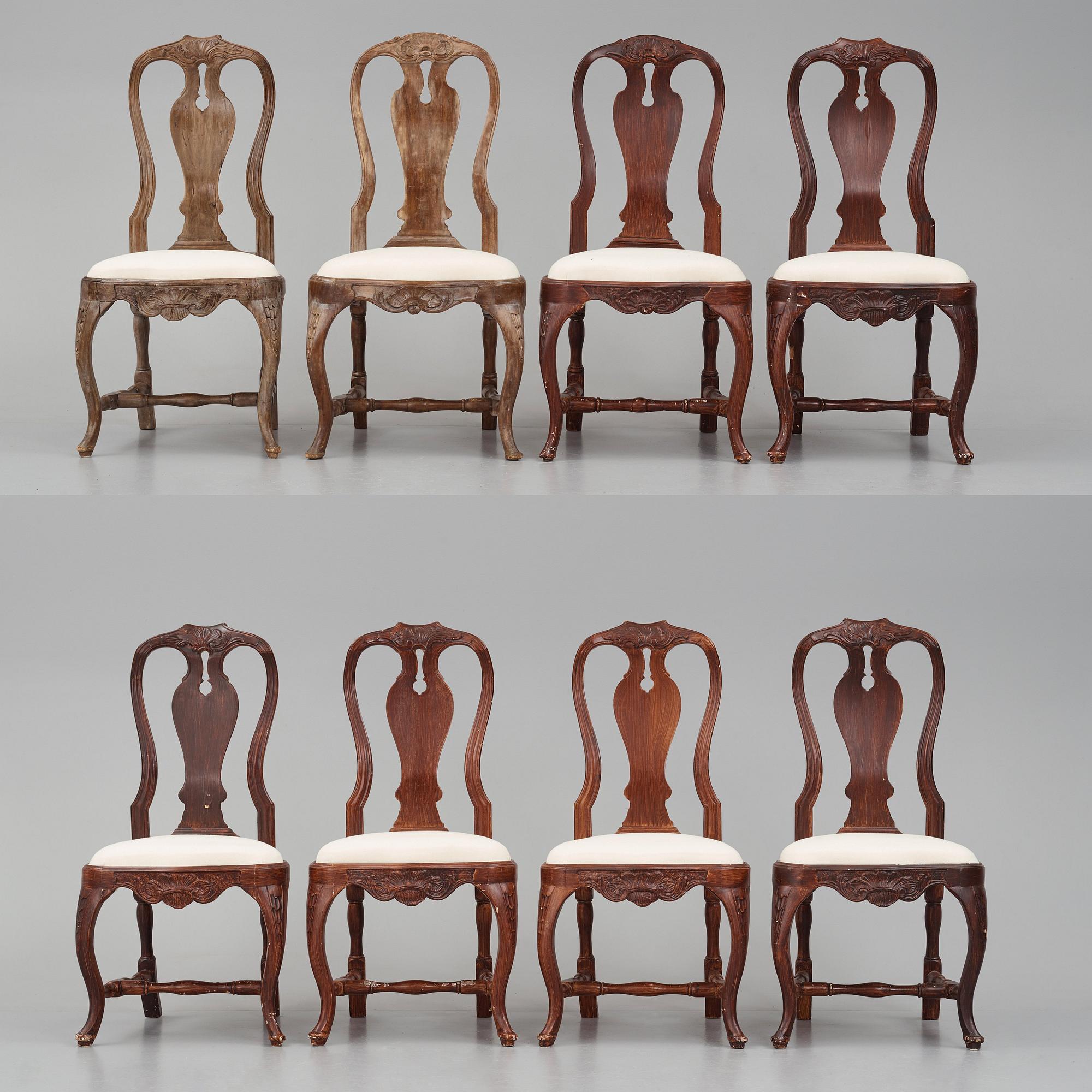 A set of eight matched (2+6) Swedish Rococo chairs, Stockholm, second part of the 18th century.