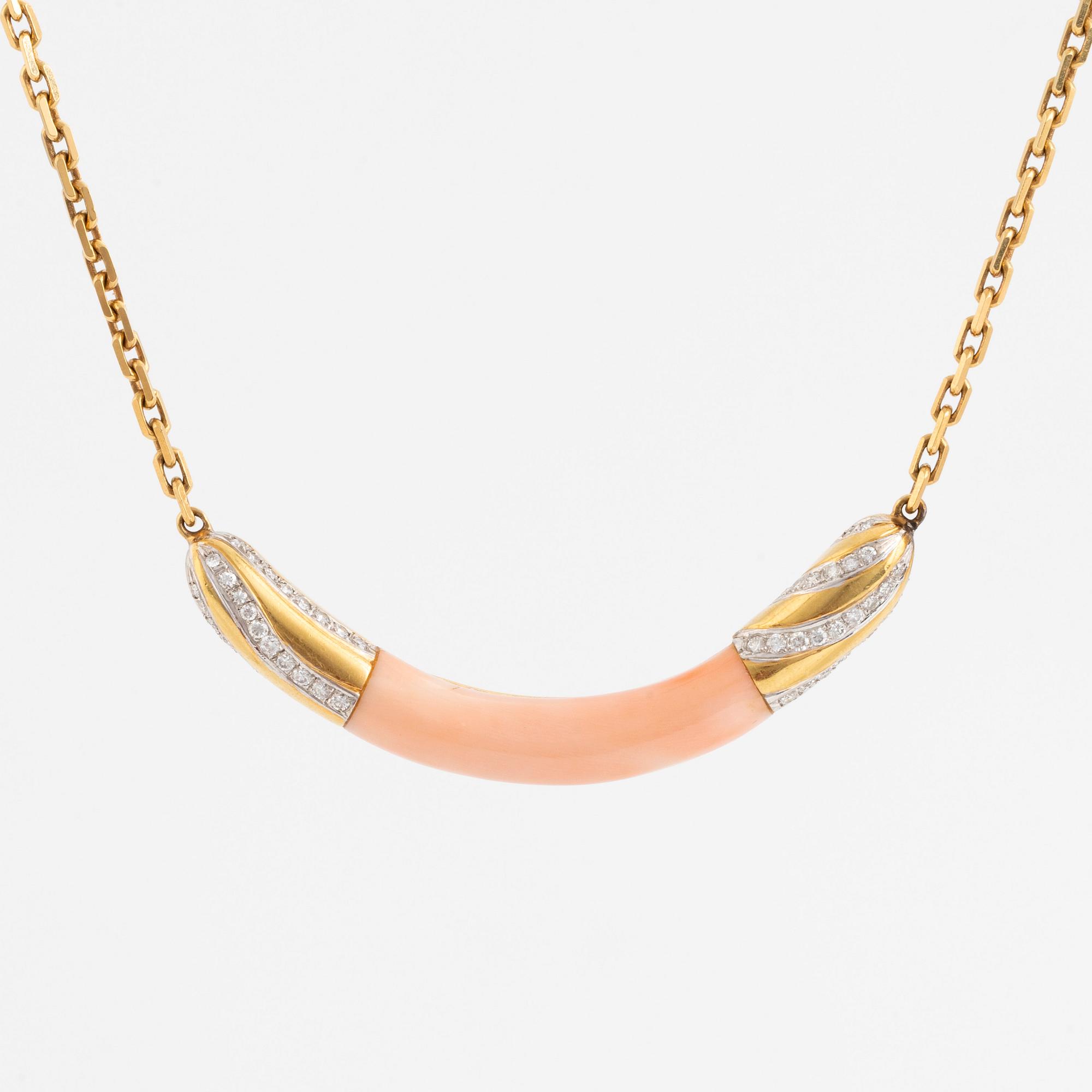 Coral and brilliant cut diamond necklace.