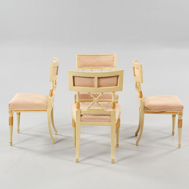 Four late gustavian chairs, around the year 1800.