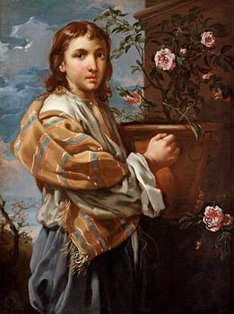 336. Bernhard Keilhau (Monsù Bernardo), Standing boy with a pot of roses, allegory over spring.