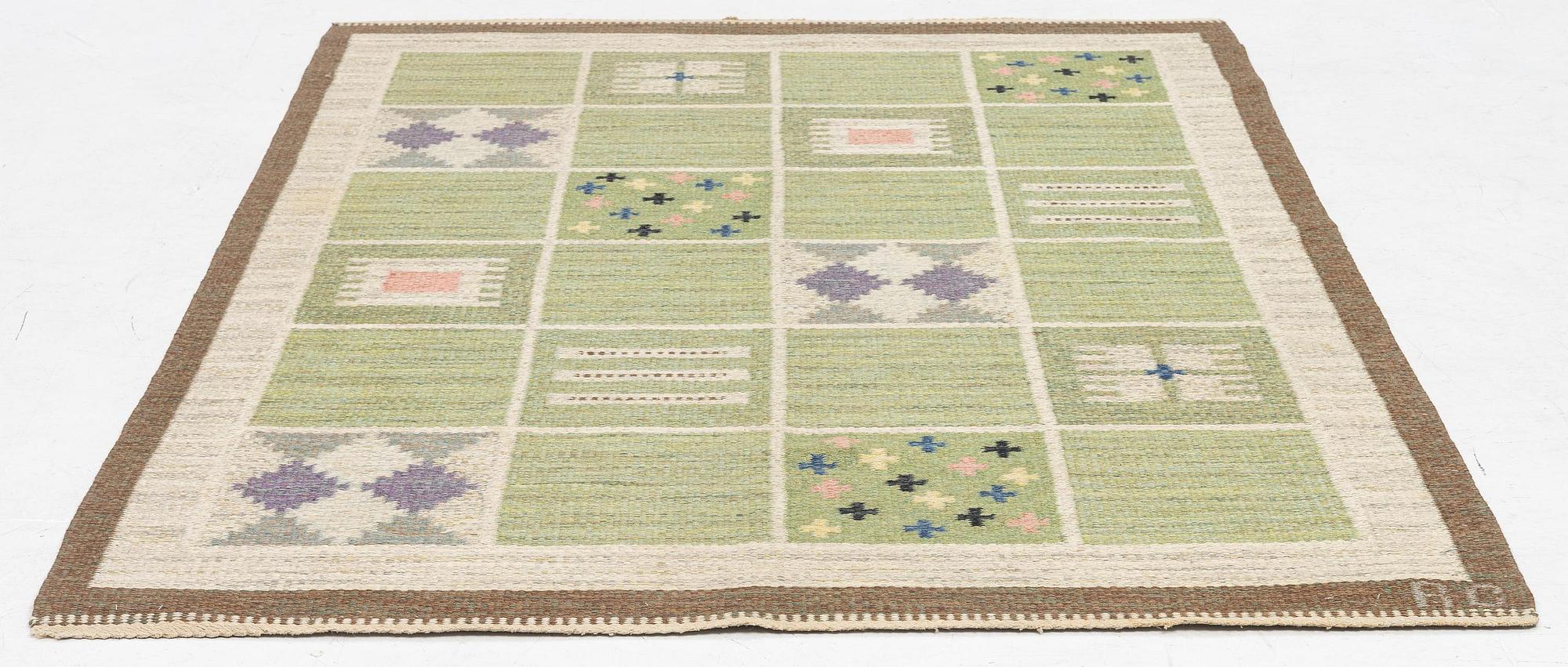 Rakel Carlander, a carpet, flat weave, c. 209 x 139 cm, signed RC.