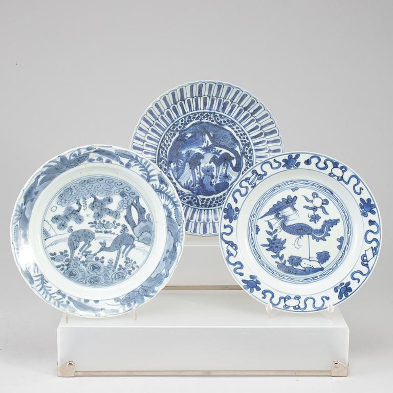 Three blue and white dishes, Ming dynasty (1368-1644).