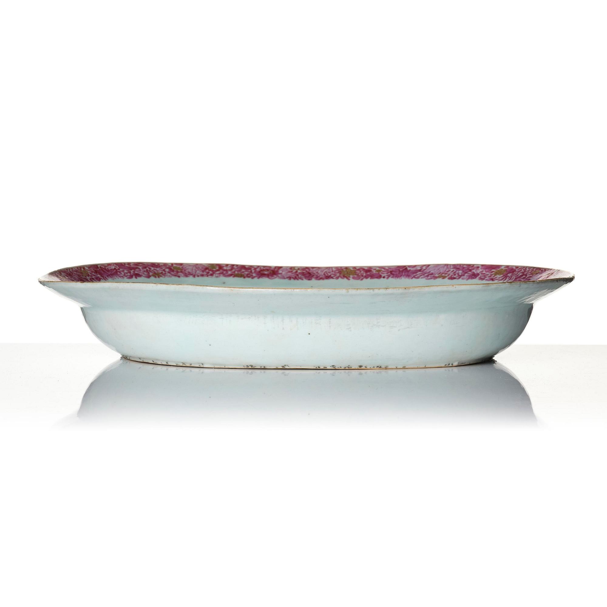 A large famille rose 'pseudo tobacco leaf' serving dish, Qing dynasty, Qianlong (1736-95).