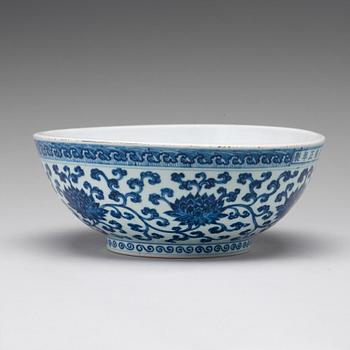 A large blue and white Ming style 'dice' bowl, Qing dynasty, Yongzhengs six character mark and period (1723-35).