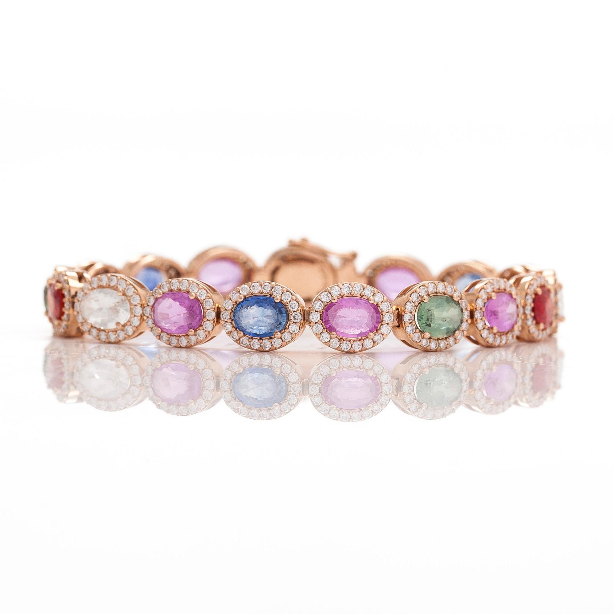 A multi colour sapphire and diamond bracelet in 14K rosegold.