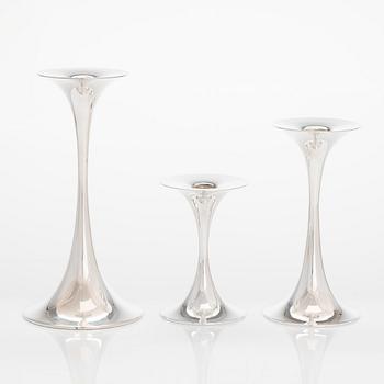 Tapio Wirkkala,  a set of three 'Trumpetti' silver candlesticks, Kultakeskus, Hämeenlinna 1991-97.