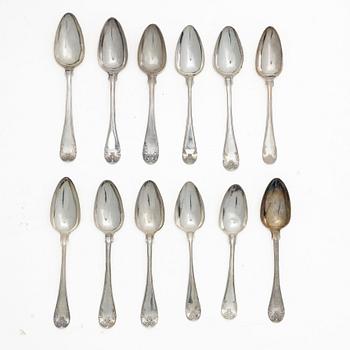 Tablespoons, 12 similar, silver, “French Lily”/“Old French”, 19th century, including Bror Erik Skogsborg, Eskilstuna, 1859.