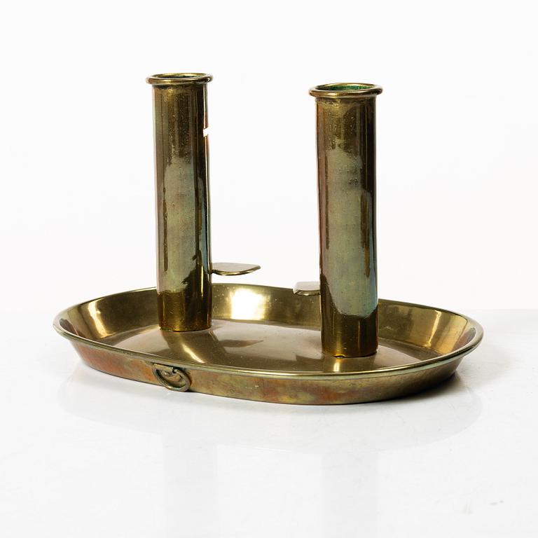 Candelabra, 4 pcs, and a chamberstick for two candles, brass, 19th century.