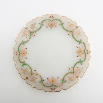Bålskål med fat omkring 1900 flussglas med målad dekor.