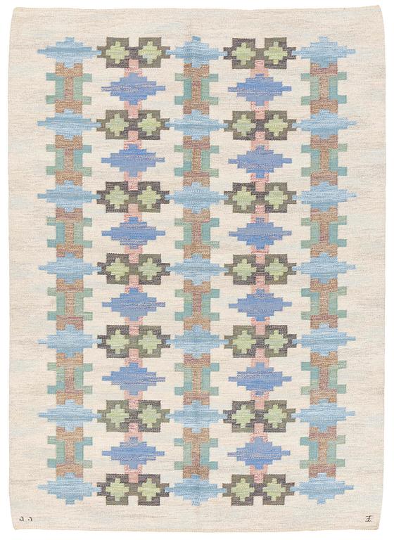 Judith Johansson, a carpet 'Riddarsporrar', flat weave, c 245 x 177 cm, signed JJ E.