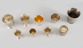 POKALER, 9 st, silver, 1800- och 1900-tal. Total vikt 267 g.