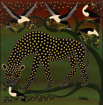 Rajabu Chiwaya, Leopard and Birds, style Tinga painting.