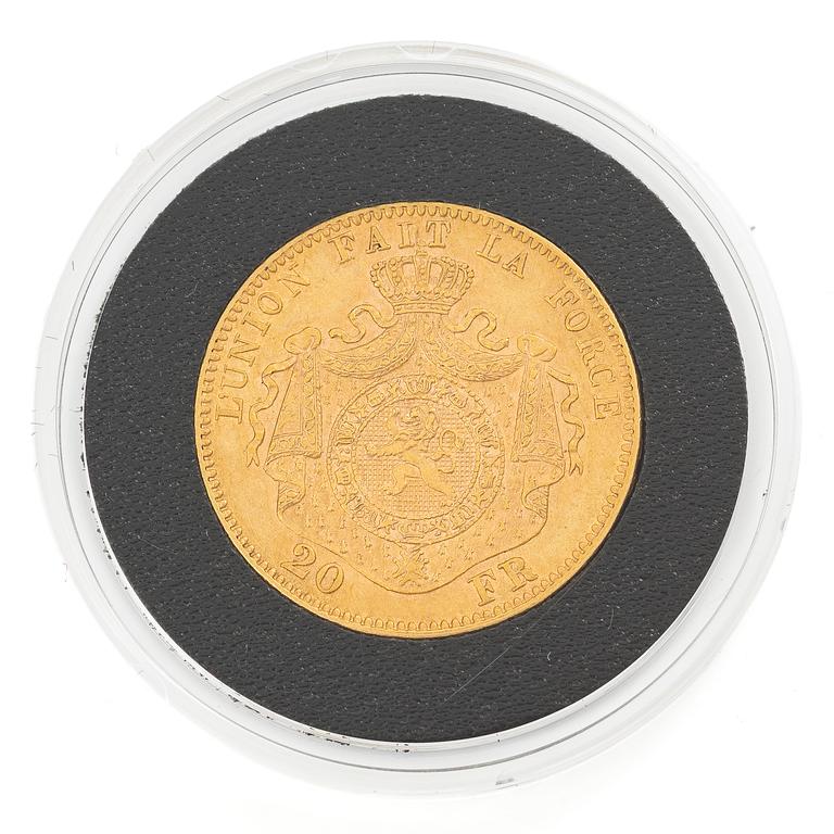 Gyldmynt, Belgien, Leopold II, 20 francs, 1874,