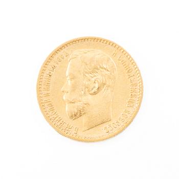 Gold coin, Nicholas II, Russia, 5 Rubles, 1898.