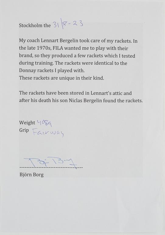 Tennis racket, Fila. Signed by Björn Borg. Specially customized FILA prototype racket in wood, 1977/78.