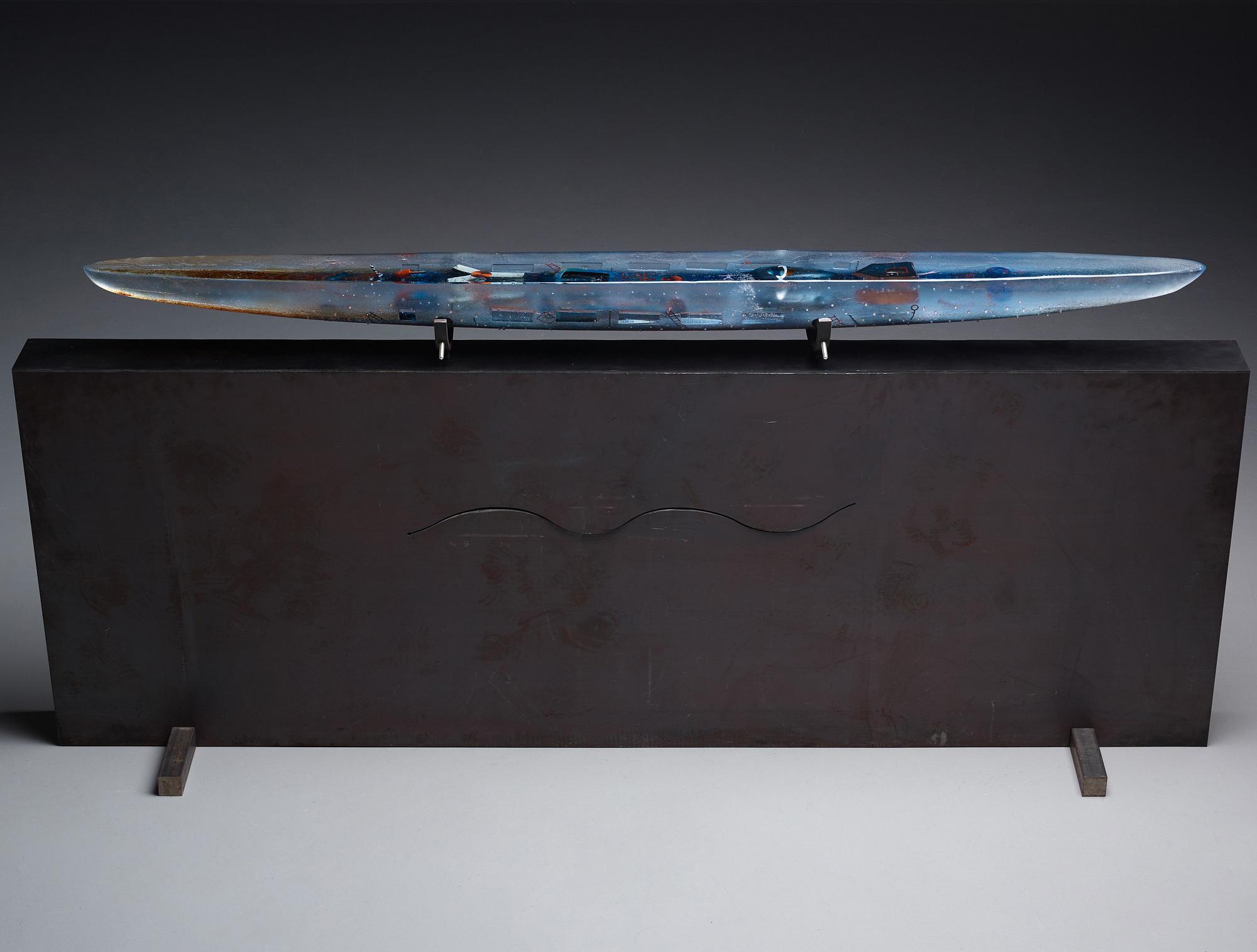Bertil Vallien, a sand cast sculpture of a boat, Kosta Boda Sweden 2006, on original steel stand.