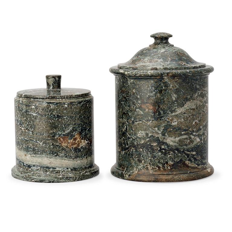 Two Swedish green marble 19th century tobacco boxes with covers.