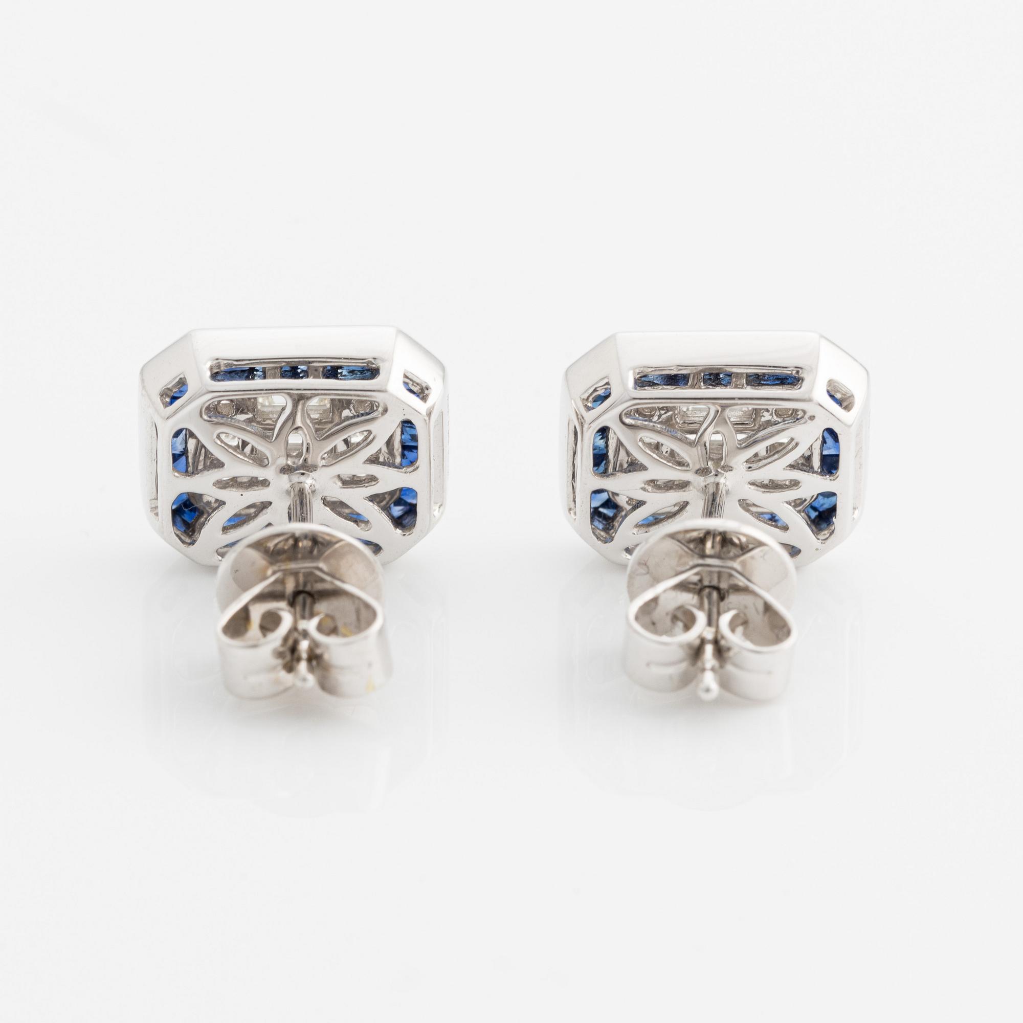 Earrings with baguette and brilliant-cut diamonds and sapphires.