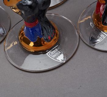 SNAPSGLAS, 4 st, "Nobelservisen", Gunnar Cyrén, Orrefors, sent 1900-tal.