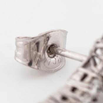 A pair of pear cut emerald and brilliant cut diamond earrings.