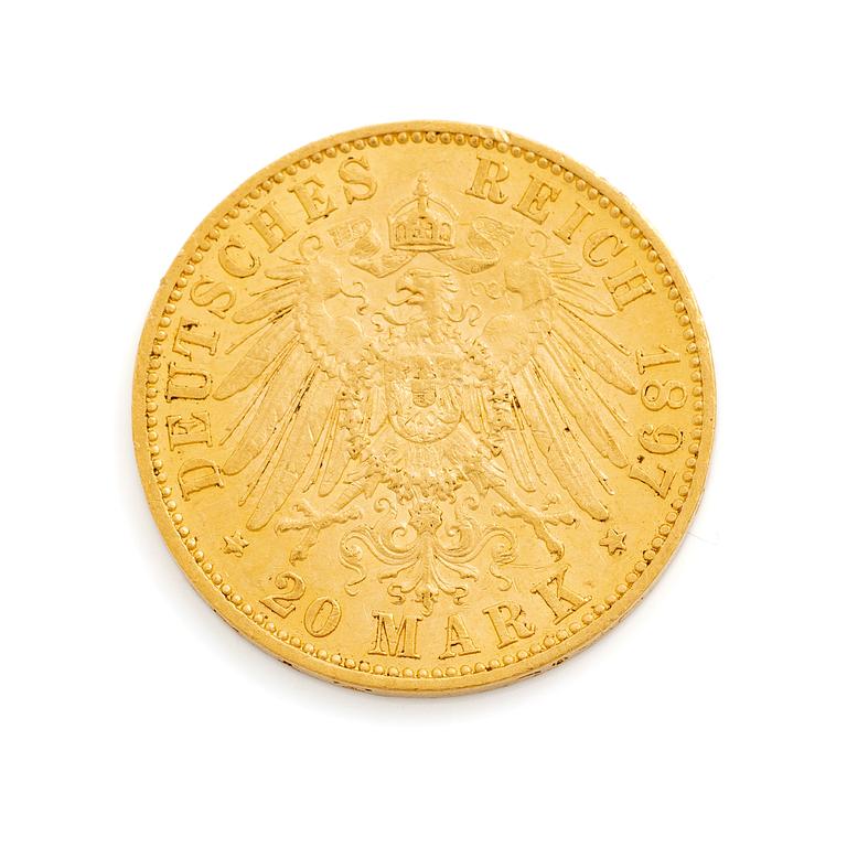 Gold coin, Germany, Wilhelm II, 20 marks, Germany 1897.