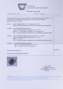 Ring, platina, smaragd ca 8.50 ct och diamanter ca 2.84 ct totalt. Med certifikat.