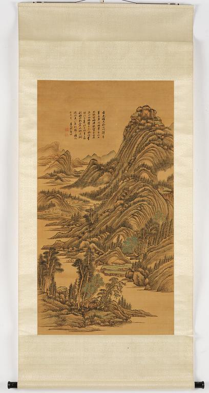 Qian Weicheng, (China 1720-1772), ink and colour on silk. 'Mountainious landscape'.