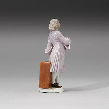 A Meissen porcelain figure of a trinket salesman from the series of Parisian street-traders, circa 1745.