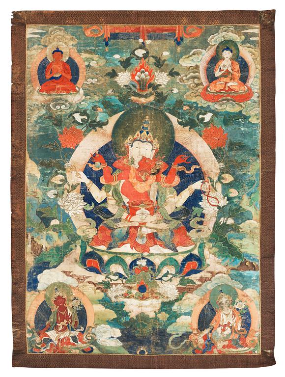A rare Bon thangka depicting a deity with consort, presumably Southern/Western China, around 1900.