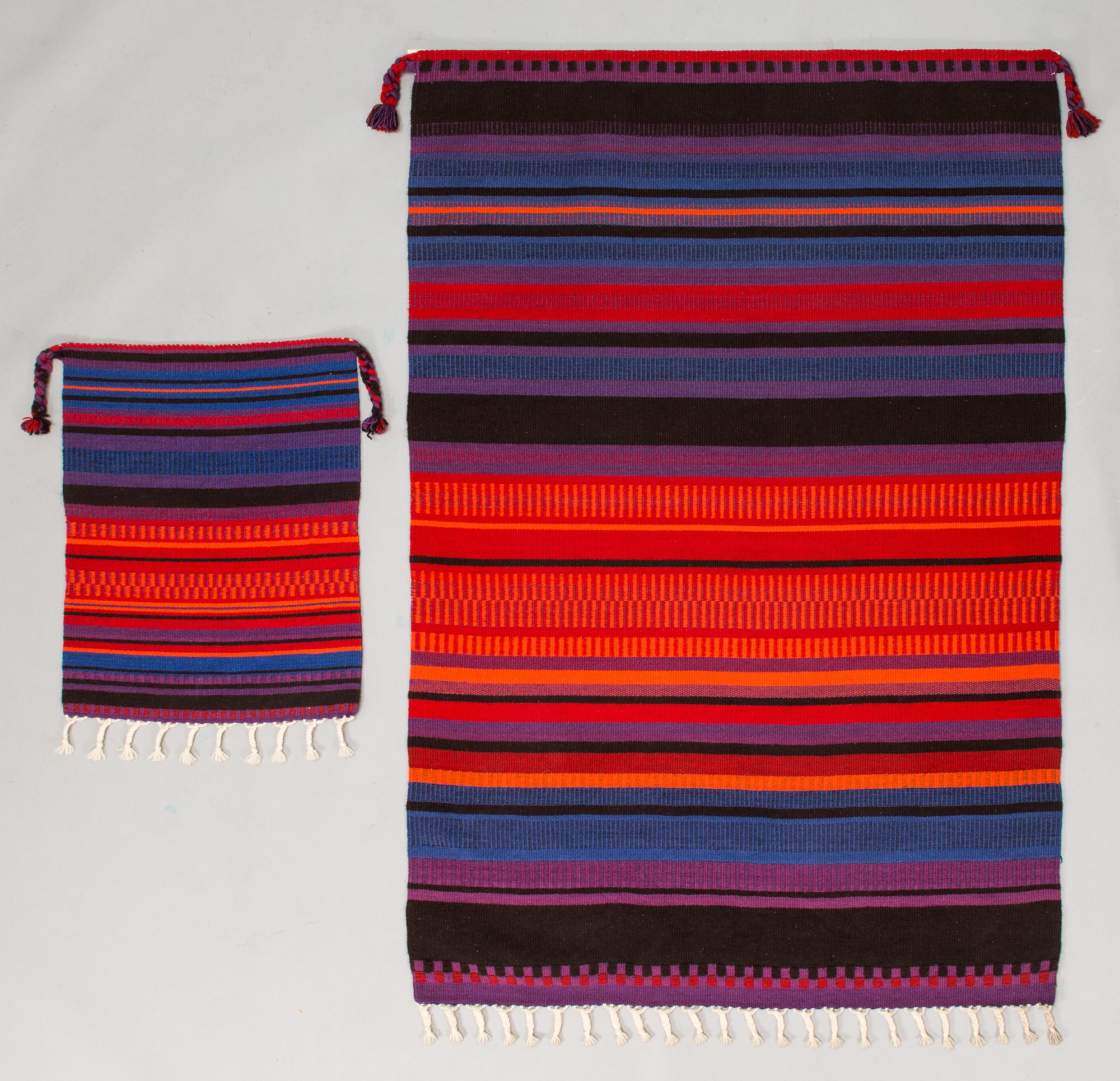 Elsa Montell-Saanio, A pair of Finnish raanu wall textiles, handwoven in Lapland. Circa 172x118 cm and 68x54 cm.