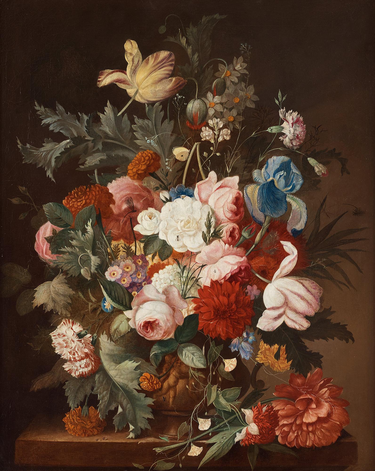Jan van Os Tillskriven, Blomsterstilleben med gul fjäril och slända.