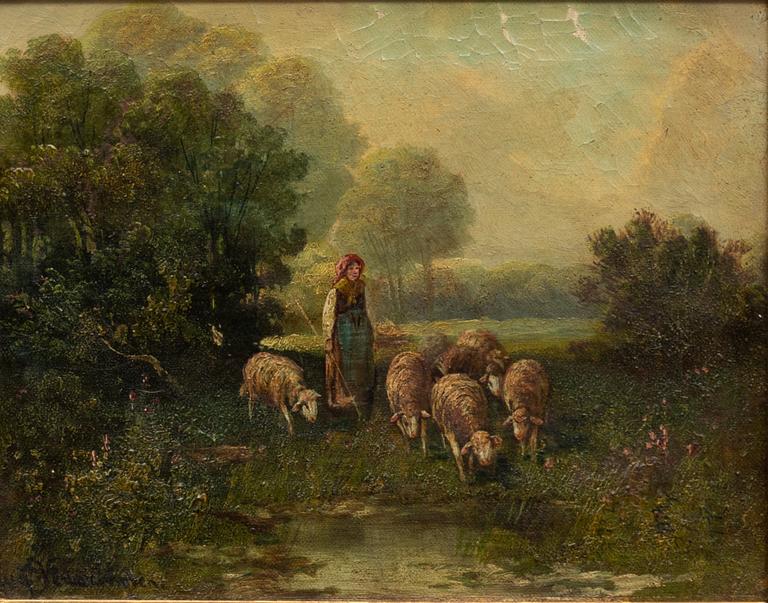 Eugen Joseph Verboeckhoven, his kind, Pastoral landscape with shepherdess and sheep, a pair.