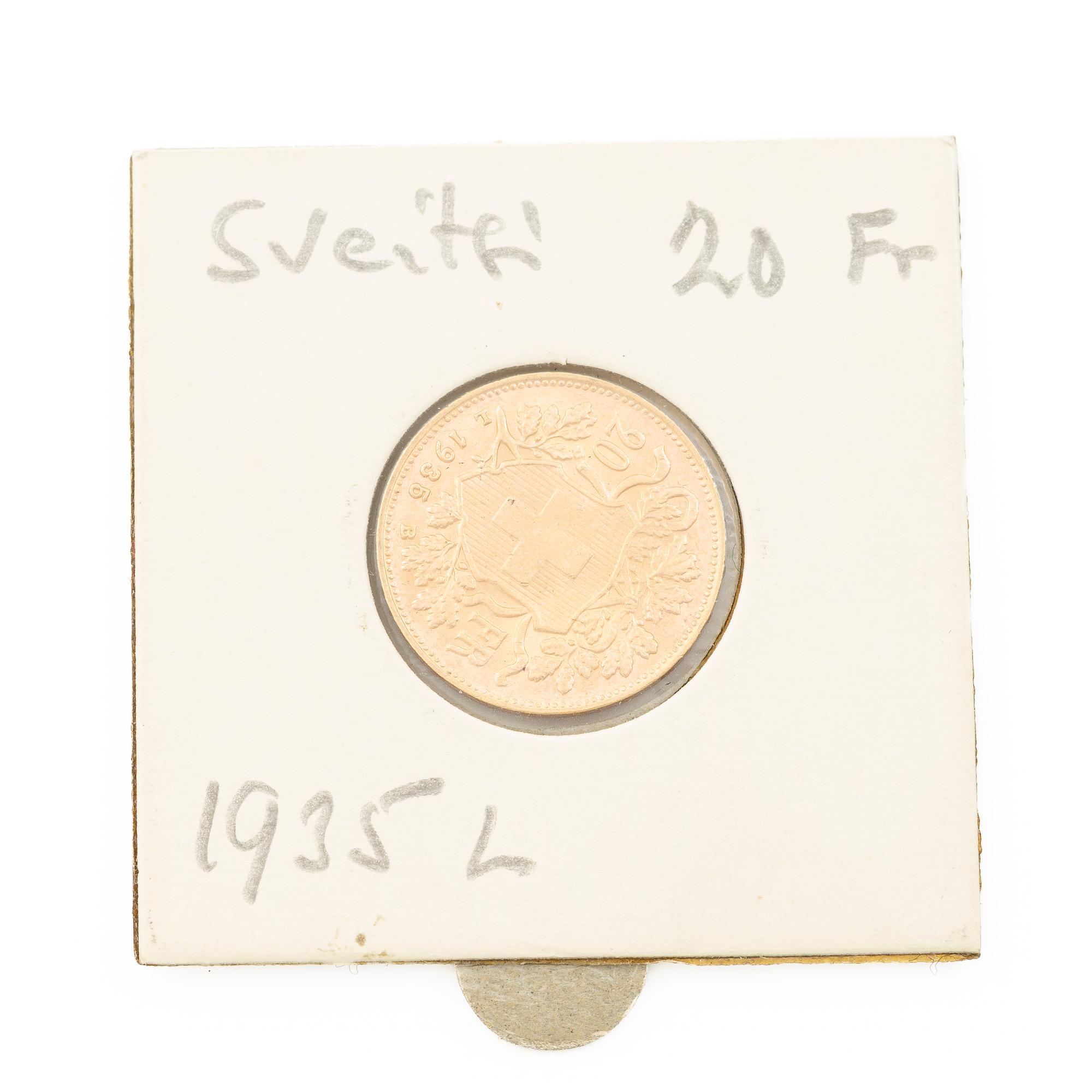 Gold coin, Switzerland, 20 Franc, 1935,