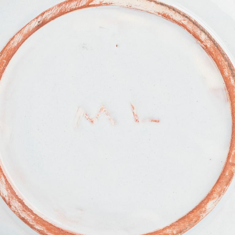 Marita Lybeck, two redclay plates and a dessert bowl, signed ML.