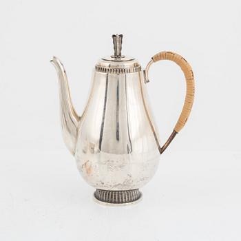 A Swedish Silver Mocha Pot, Creamer, Sugar Bowl and Tray, mark of Tore Eldh, Ceson, Gothenburg 1950-51.