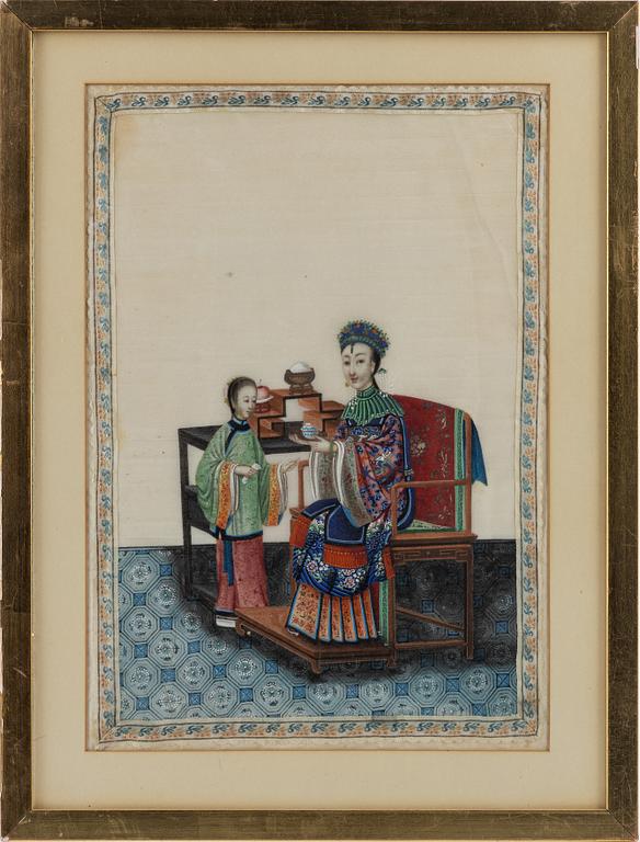 Målningar, ett par, på rispapper. Qingdynastin, 1800-tal.