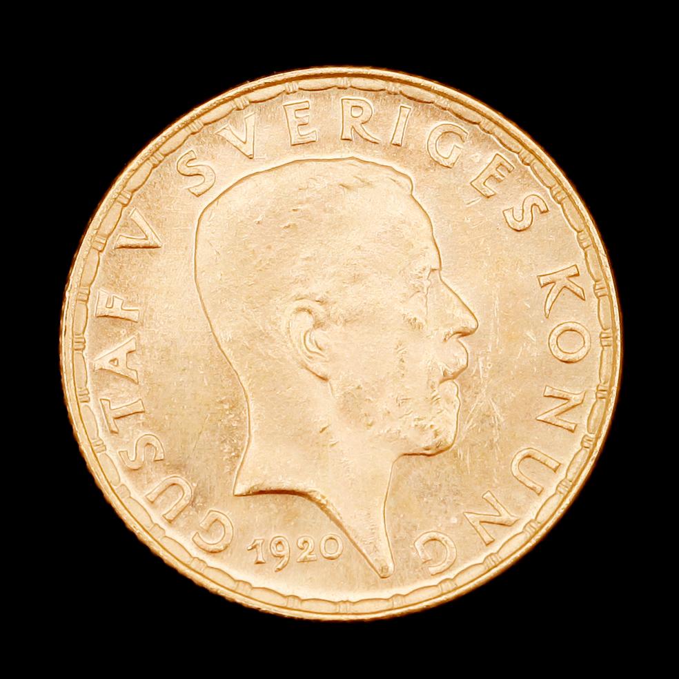 GULDMYNT, 5 kr, Gustaf V, 1920. Vikt ca 2 g.