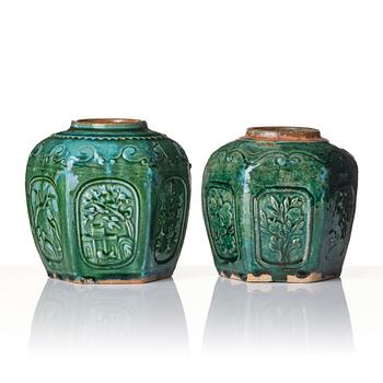 A set of two green glazed Chinese jars, 20th century.