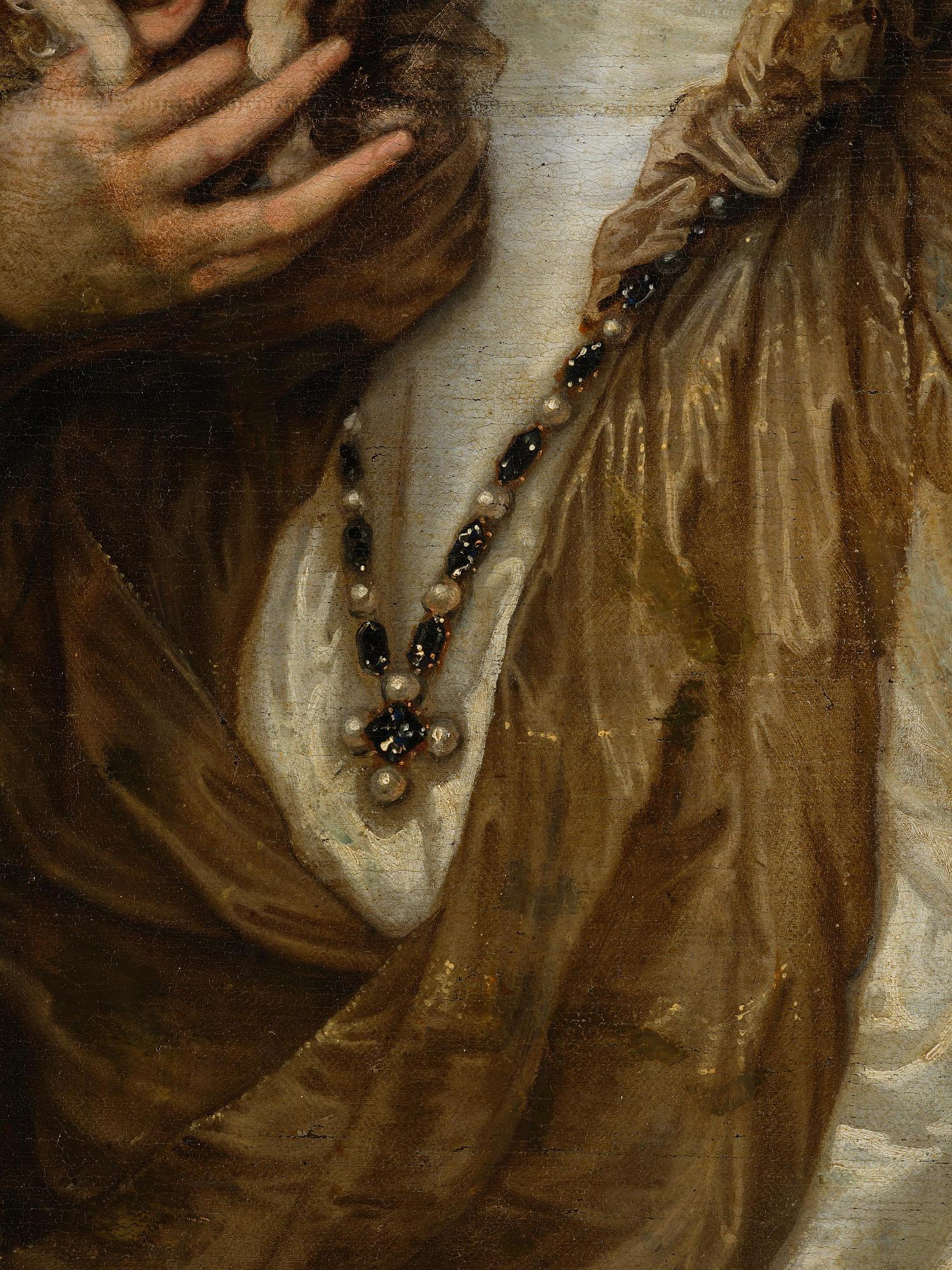 Adriaen Hanneman, Half-length portrait of a woman with a dog (Portret van een dame).