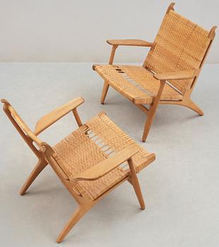 A pair of Hans J Wegner oak and rattan 'CH-27' armchairs, Carl Hansen & Søn, 1950's.