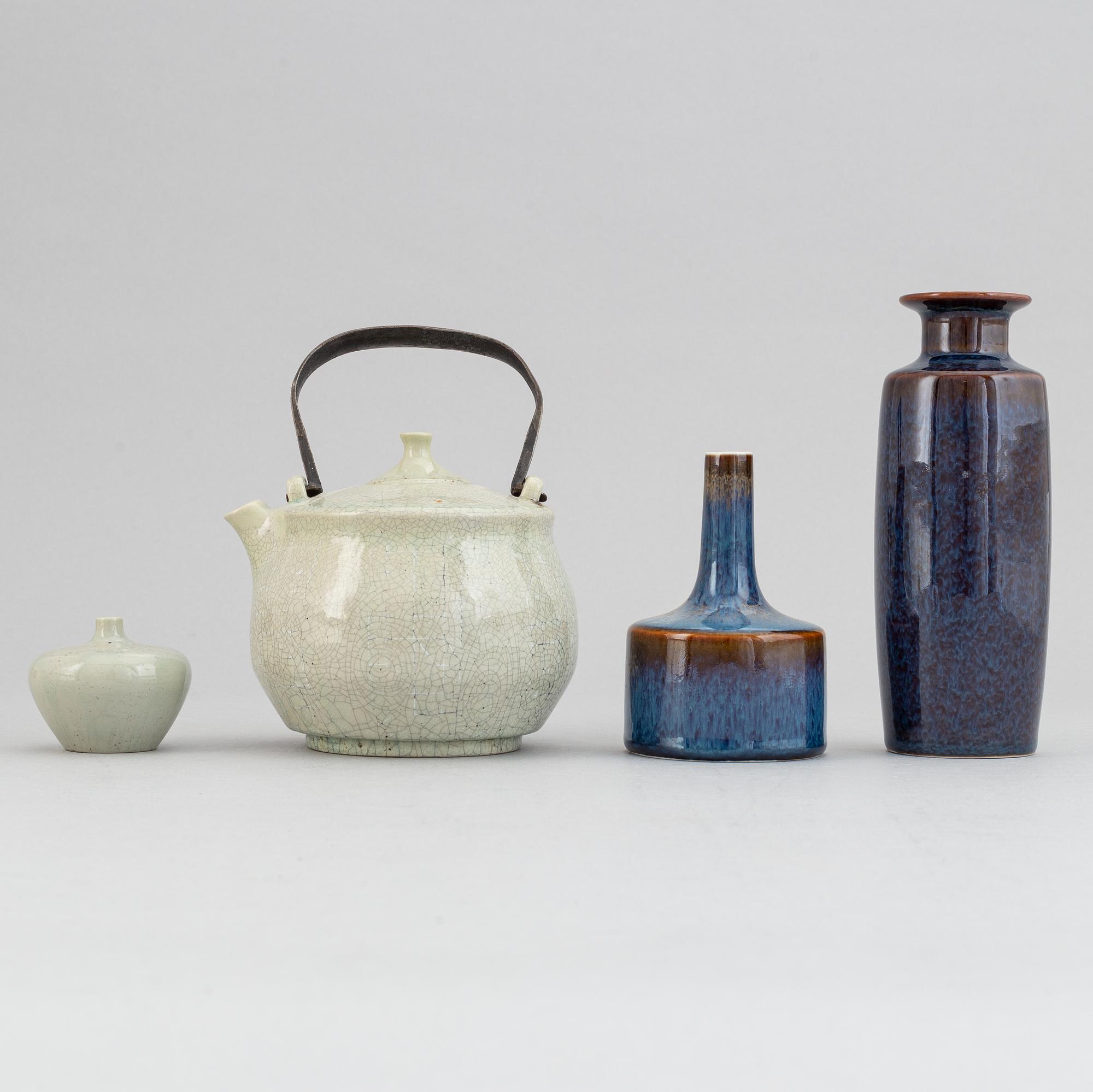 Carl-Harry Stålhane, a stoneware teapot and a set of three vases, Rörstrand, second half of the 20th Century.