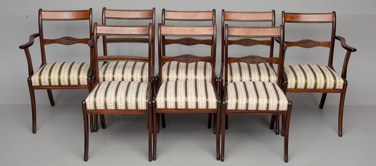 STOLAR, 6 st, samt KARMSTOLAR, 2 st, empirestil, England 1900-tal.